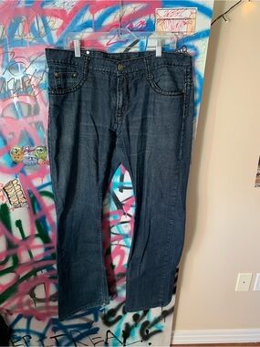 Famous Stars & Straps Men's Dark Wash Straight Jeans Black Stitching